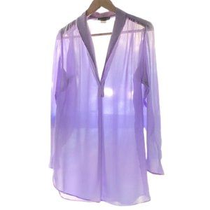 Vintage 80s Sheer Ethereal Lavender Puff Sleeve V-Neck See Through Tunic Blouse
